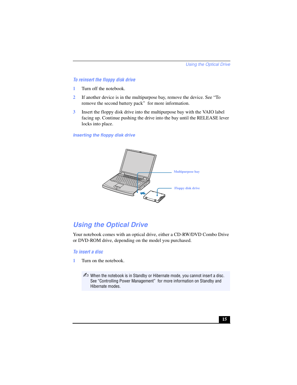 Using the optical drive | Sony PCG-FX240K User Manual | Page 15 / 138