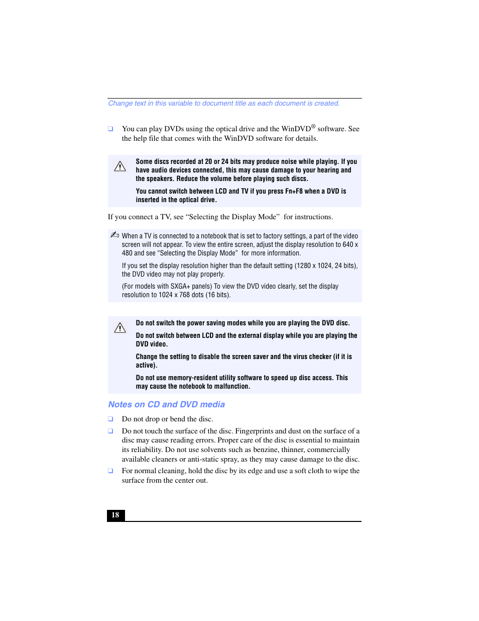 Notes on cd and dvd media | Sony PCG-FX240K User Manual | Page 18 / 138