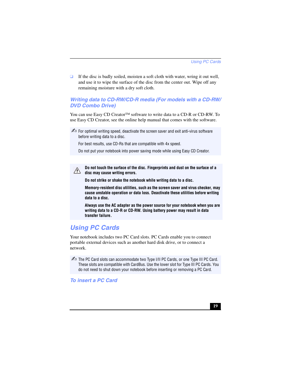 Using pc cards, To insert a pc card | Sony PCG-FX240K User Manual | Page 19 / 138