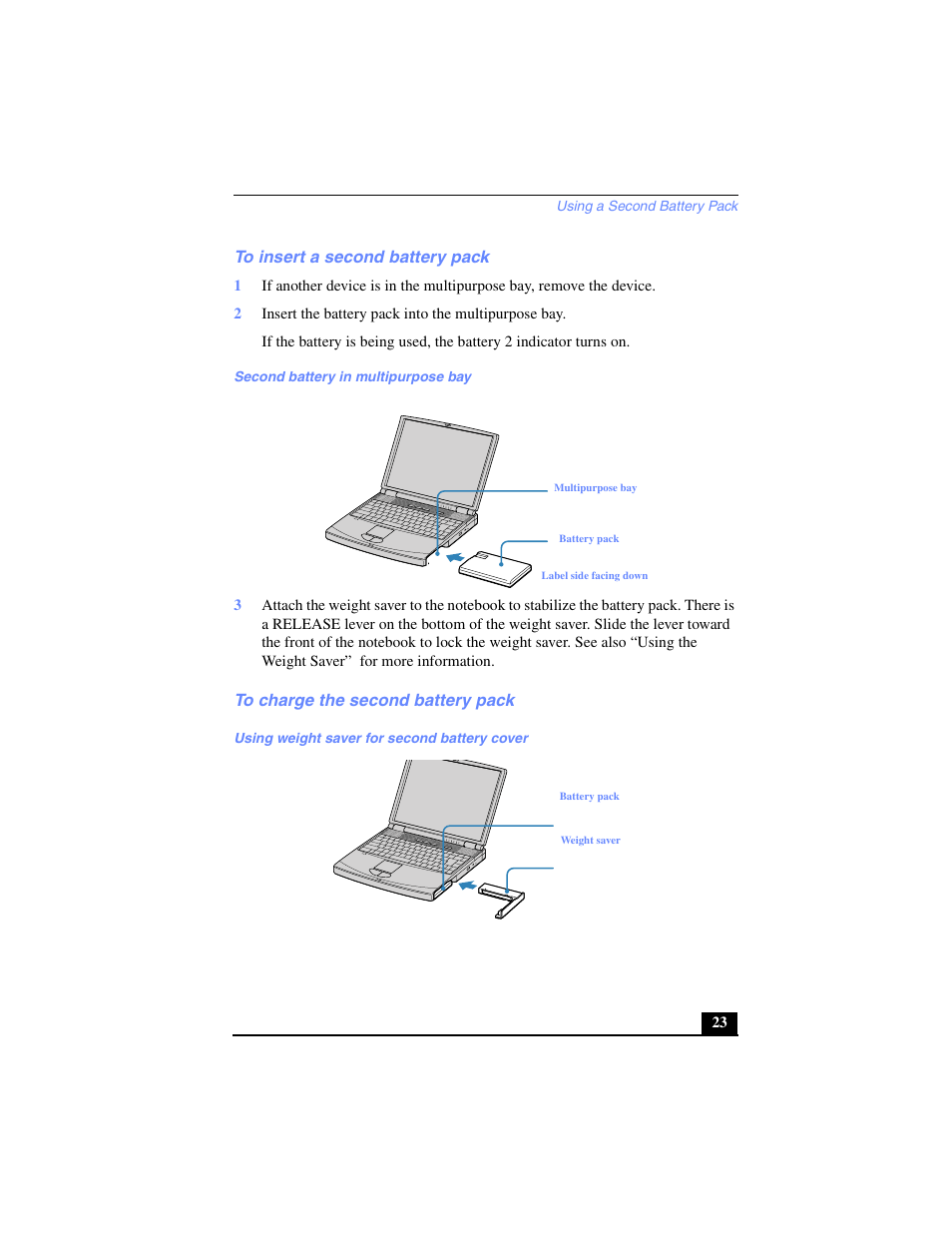 To insert a second battery pack, To charge the second battery pack | Sony PCG-FX240K User Manual | Page 23 / 138