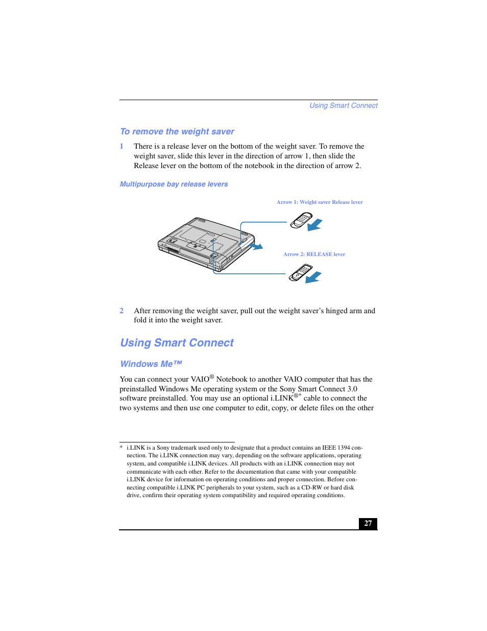 To remove the weight saver, Using smart connect, Windows me | Sony PCG-FX240K User Manual | Page 27 / 138