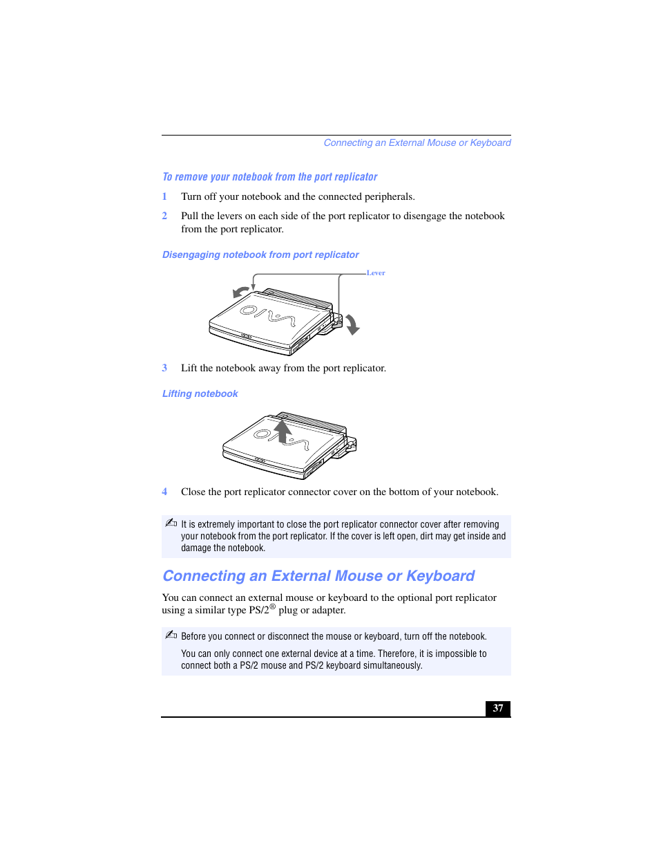 Connecting an external mouse or keyboard | Sony PCG-FX240K User Manual | Page 37 / 138