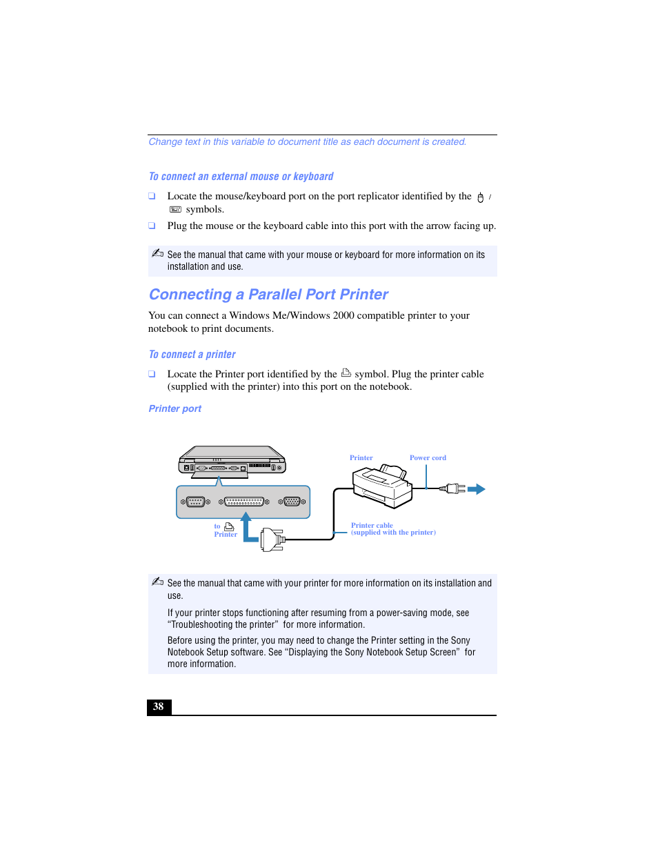 Connecting a parallel port printer | Sony PCG-FX240K User Manual | Page 38 / 138