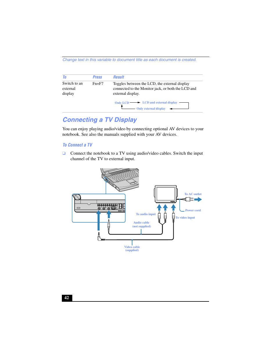 Connecting a tv display | Sony PCG-FX240K User Manual | Page 42 / 138