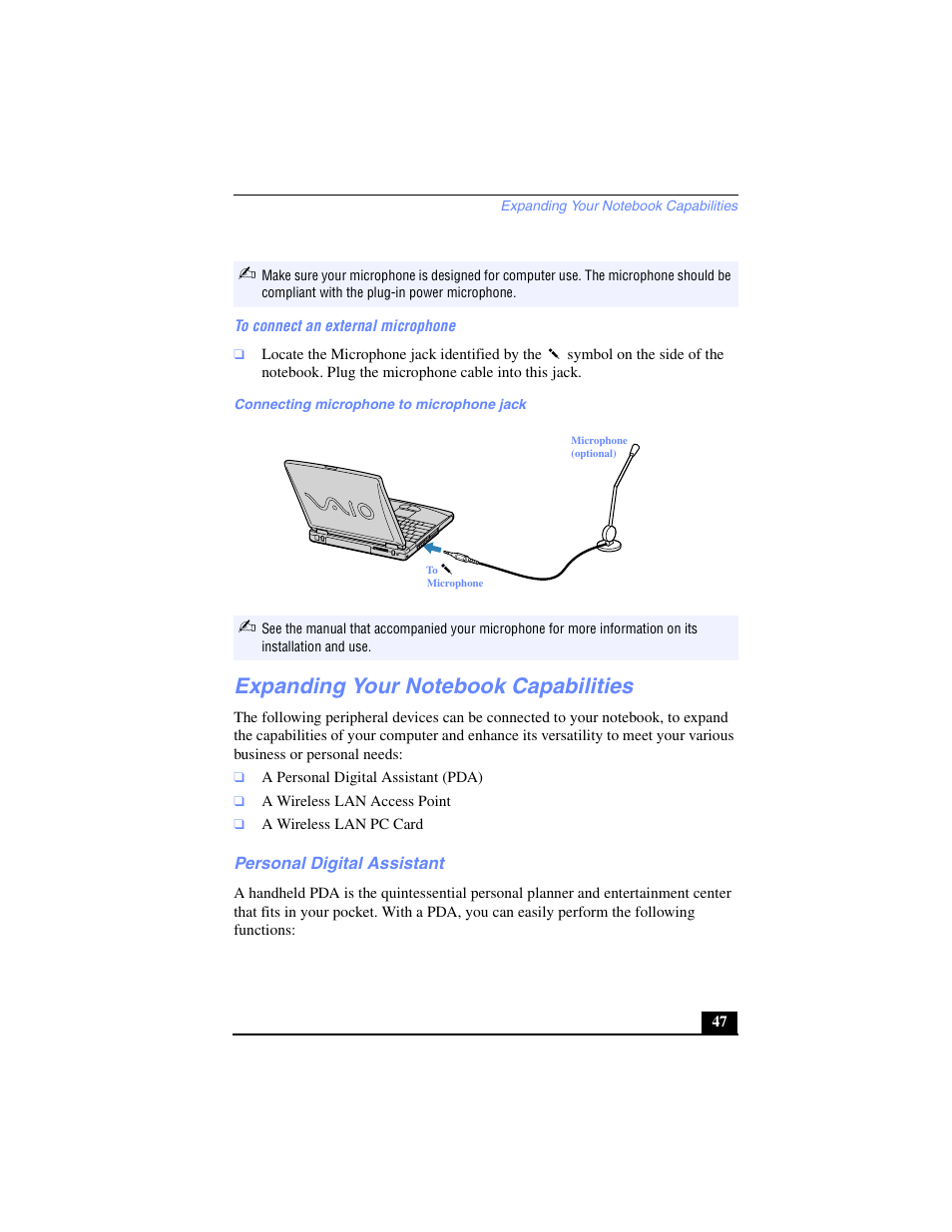 Expanding your notebook capabilities, Personal digital assistant | Sony PCG-FX240K User Manual | Page 47 / 138