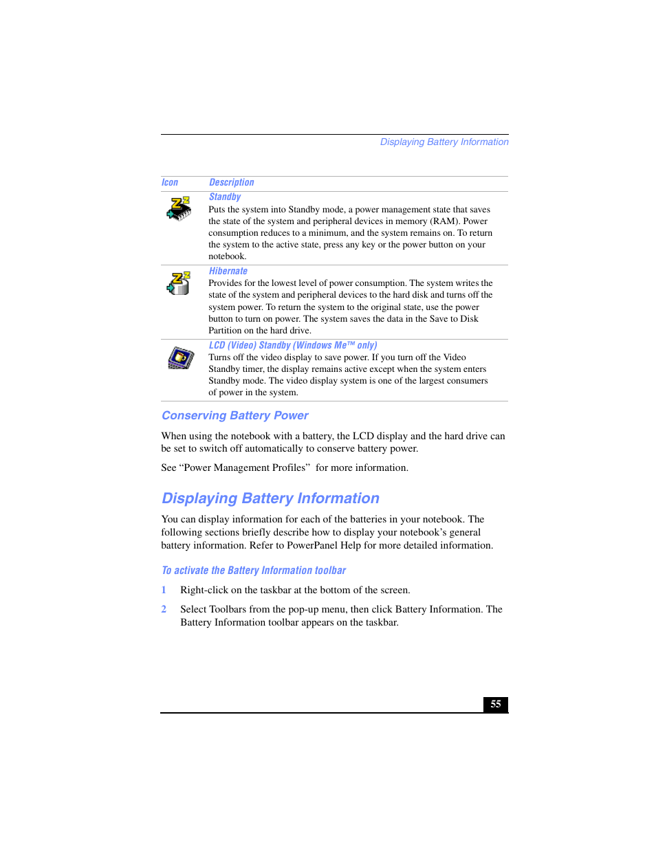 Conserving battery power, Displaying battery information | Sony PCG-FX240K User Manual | Page 55 / 138