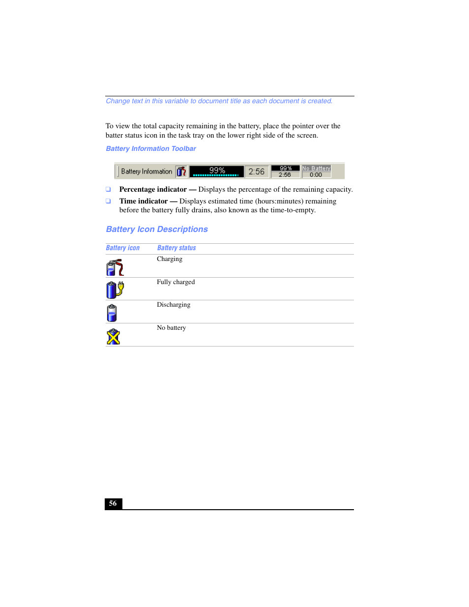 Battery icon descriptions | Sony PCG-FX240K User Manual | Page 56 / 138