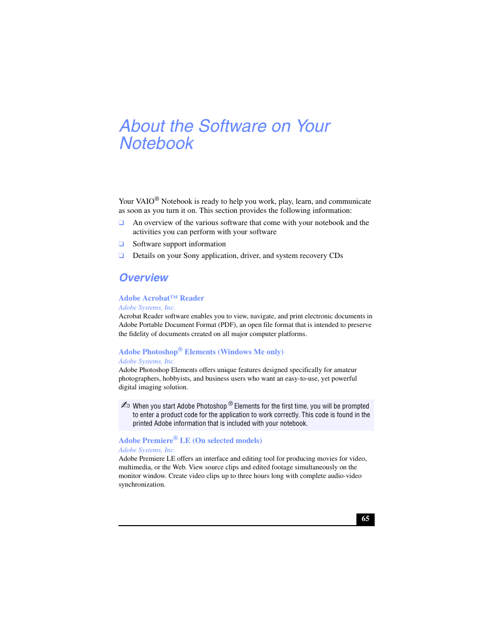 About the software on your notebook, Overview | Sony PCG-FX240K User Manual | Page 65 / 138