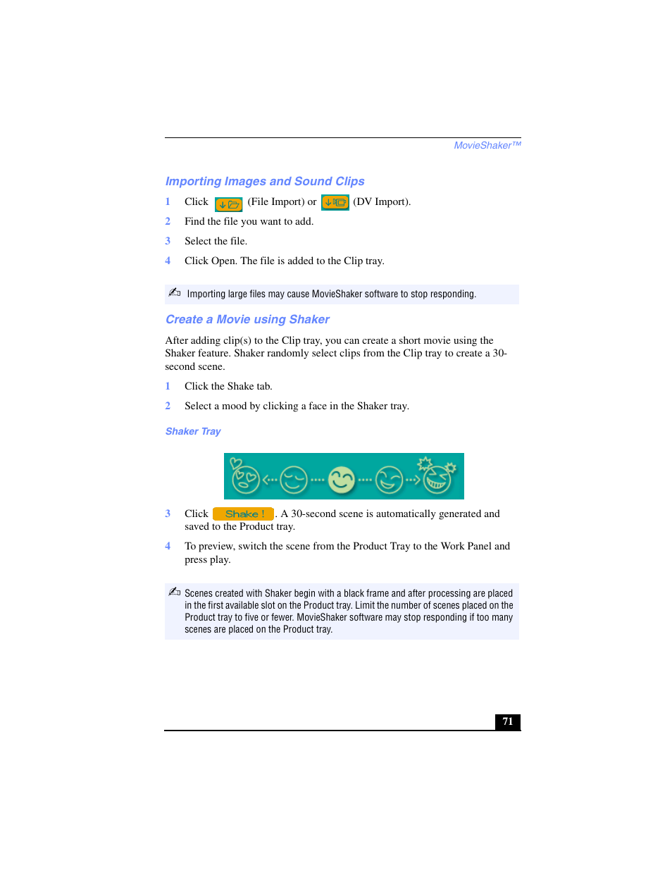 Importing images and sound clips, Create a movie using shaker | Sony PCG-FX240K User Manual | Page 71 / 138