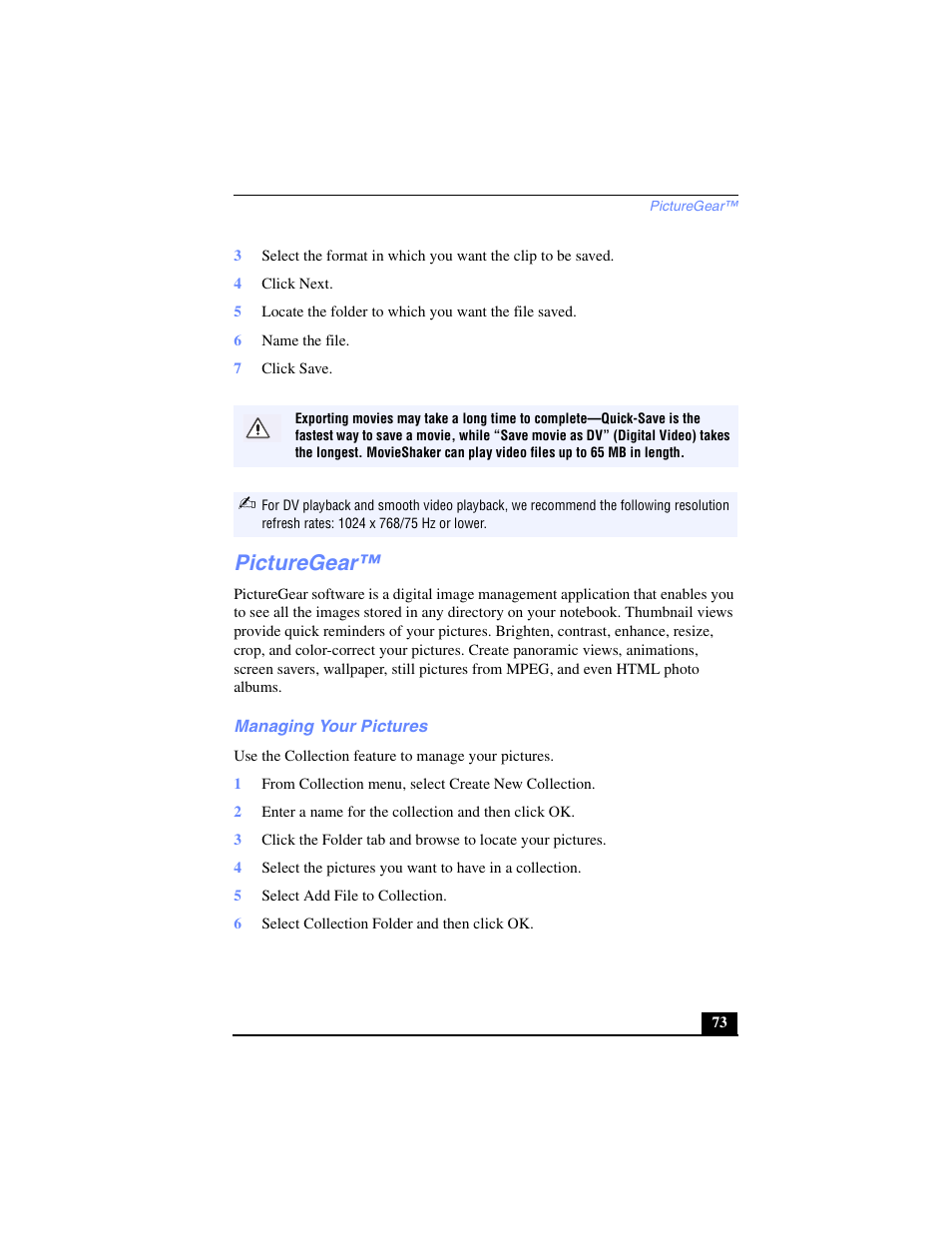 Picturegear, Managing your pictures | Sony PCG-FX240K User Manual | Page 73 / 138