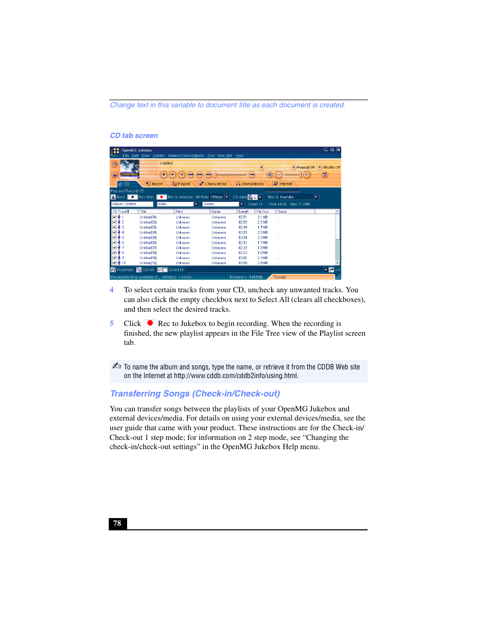 Transferring songs (check-in/check-out) | Sony PCG-FX240K User Manual | Page 78 / 138