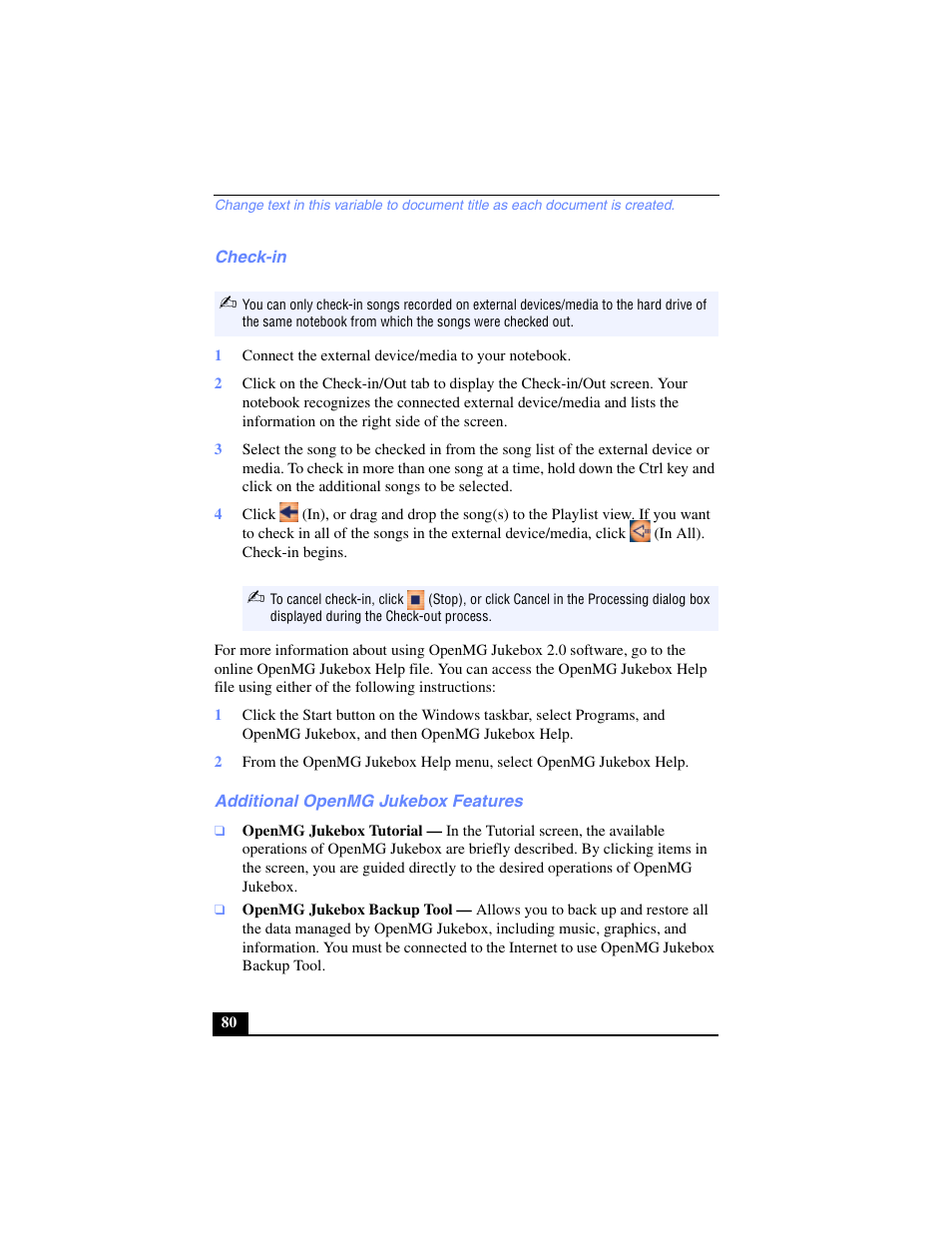 Check-in, Additional openmg jukebox features, Check-in additional openmg jukebox features | Sony PCG-FX240K User Manual | Page 80 / 138