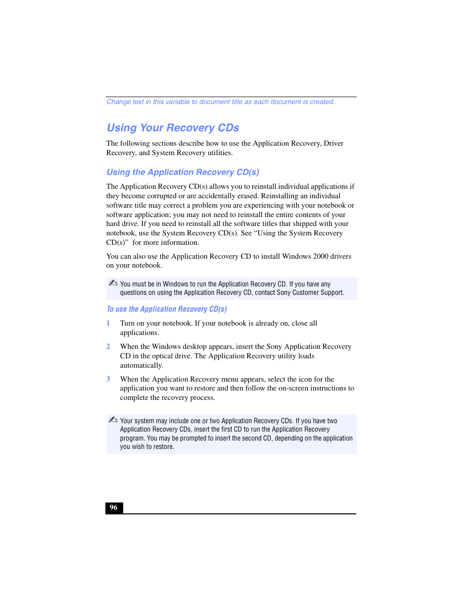 Using your recovery cds, Using the application recovery cd(s) | Sony PCG-FX240K User Manual | Page 96 / 138