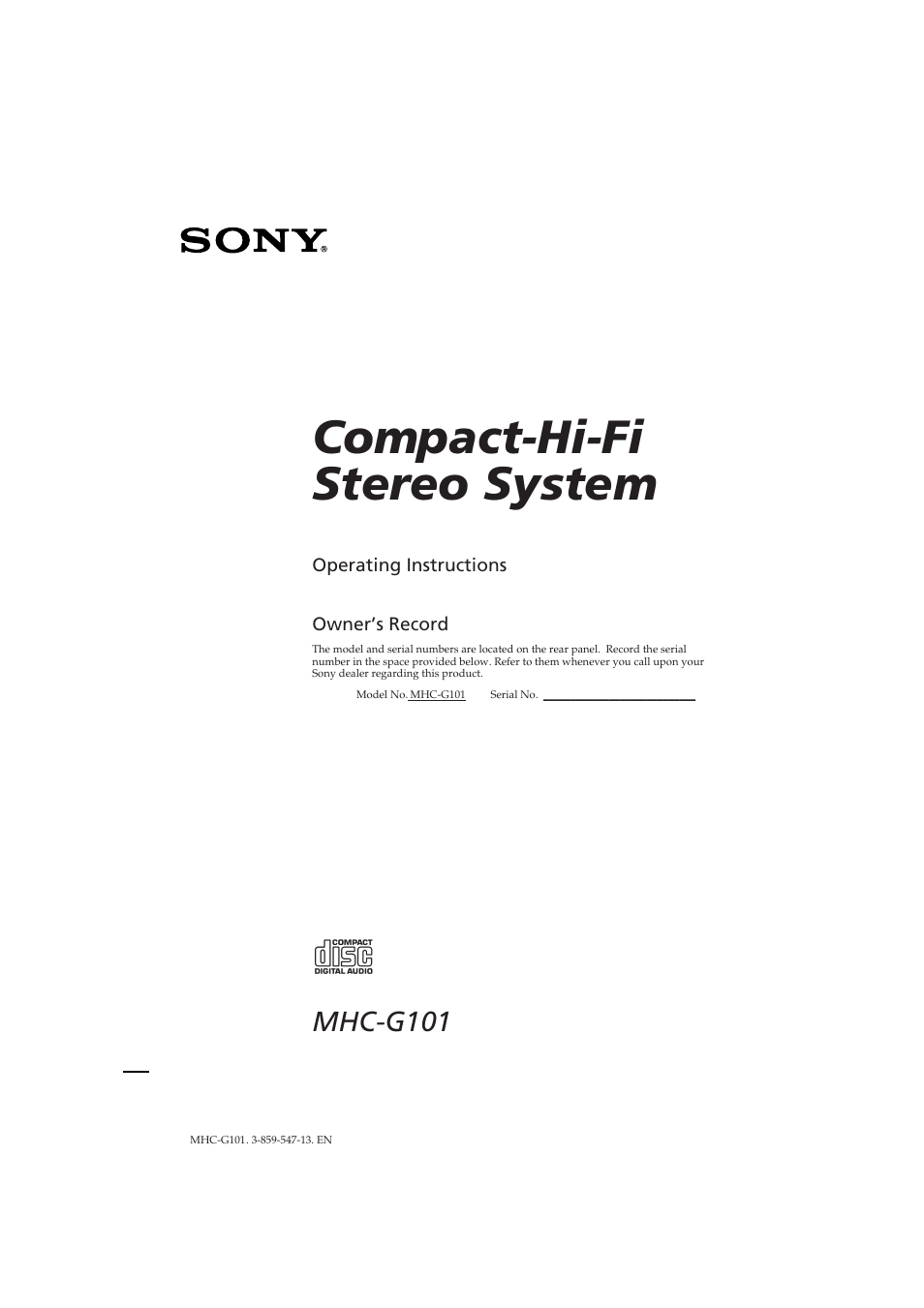 Sony MHC-G101 User Manual | 26 pages