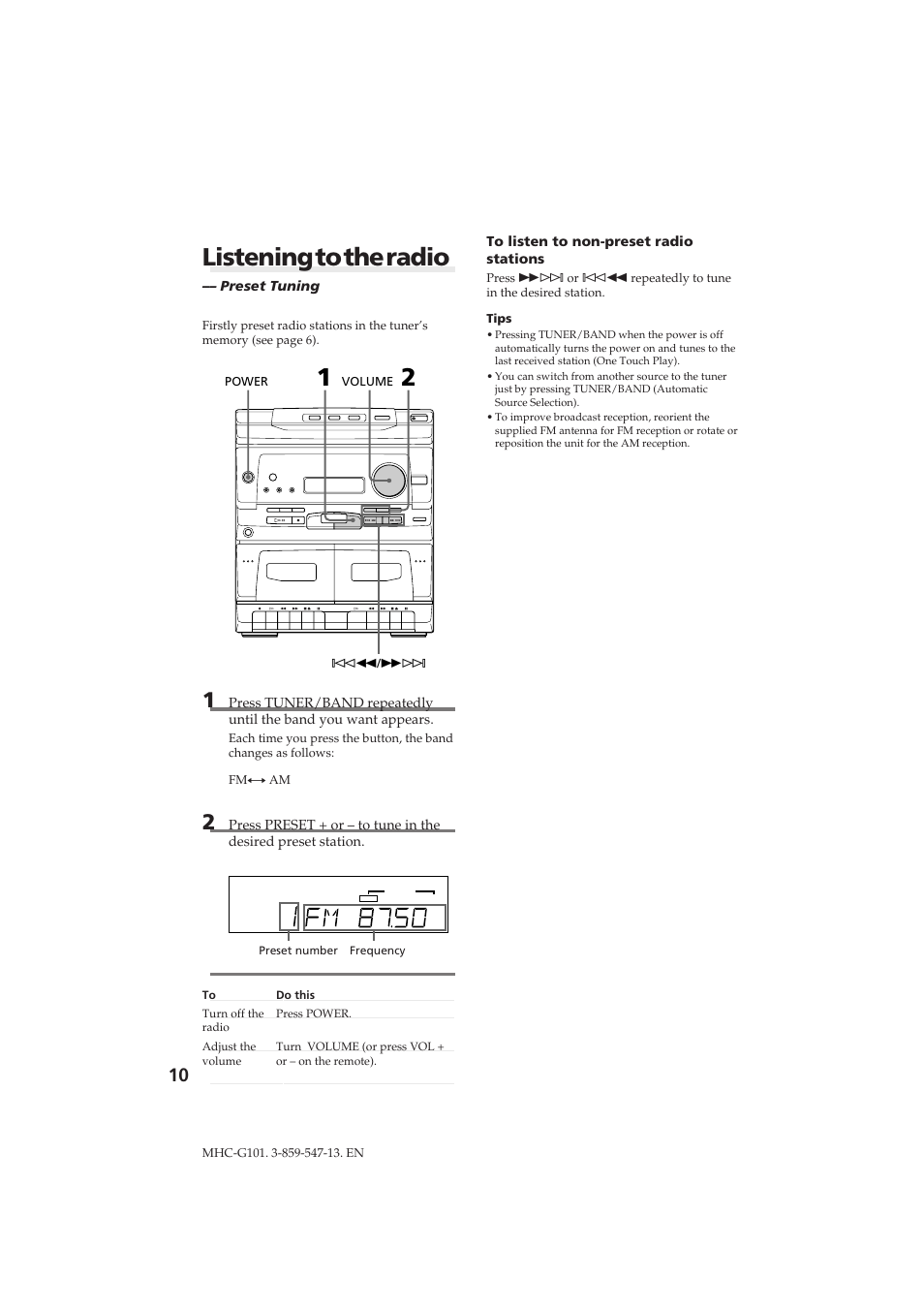 Listening to the radio | Sony MHC-G101 User Manual | Page 10 / 26