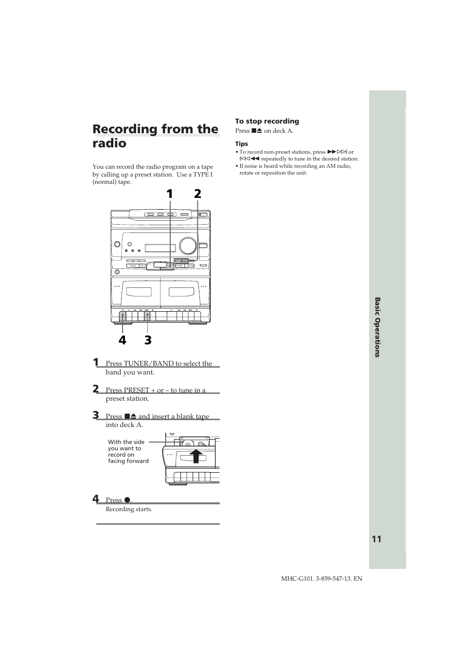 Recording from the radio | Sony MHC-G101 User Manual | Page 11 / 26