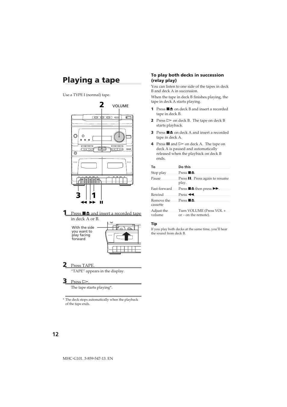 Playing a tape | Sony MHC-G101 User Manual | Page 12 / 26