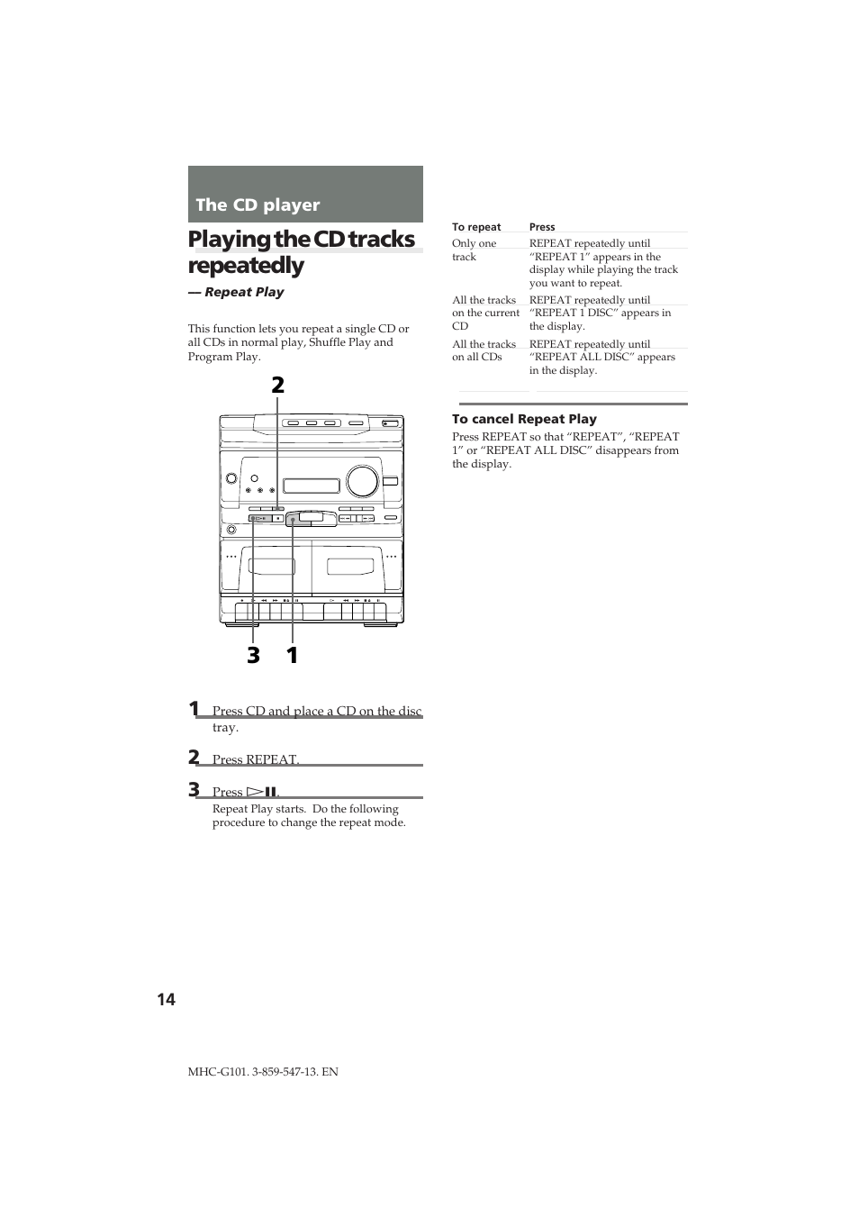 Playing the cd tracks repeatedly | Sony MHC-G101 User Manual | Page 14 / 26