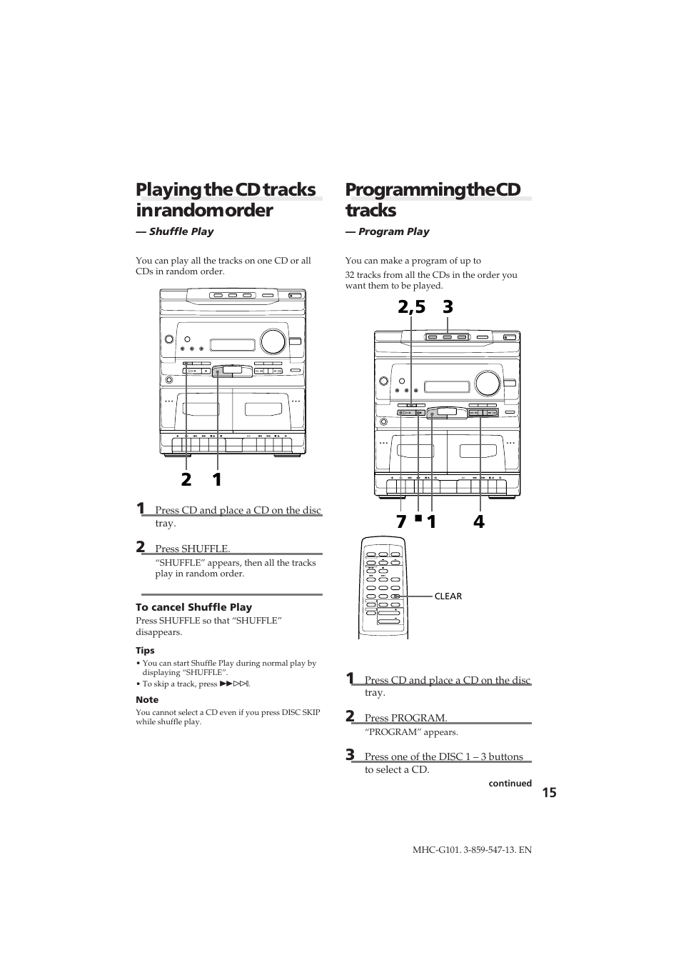 Programming the cd tracks, Playing the cd tracks in random order | Sony MHC-G101 User Manual | Page 15 / 26