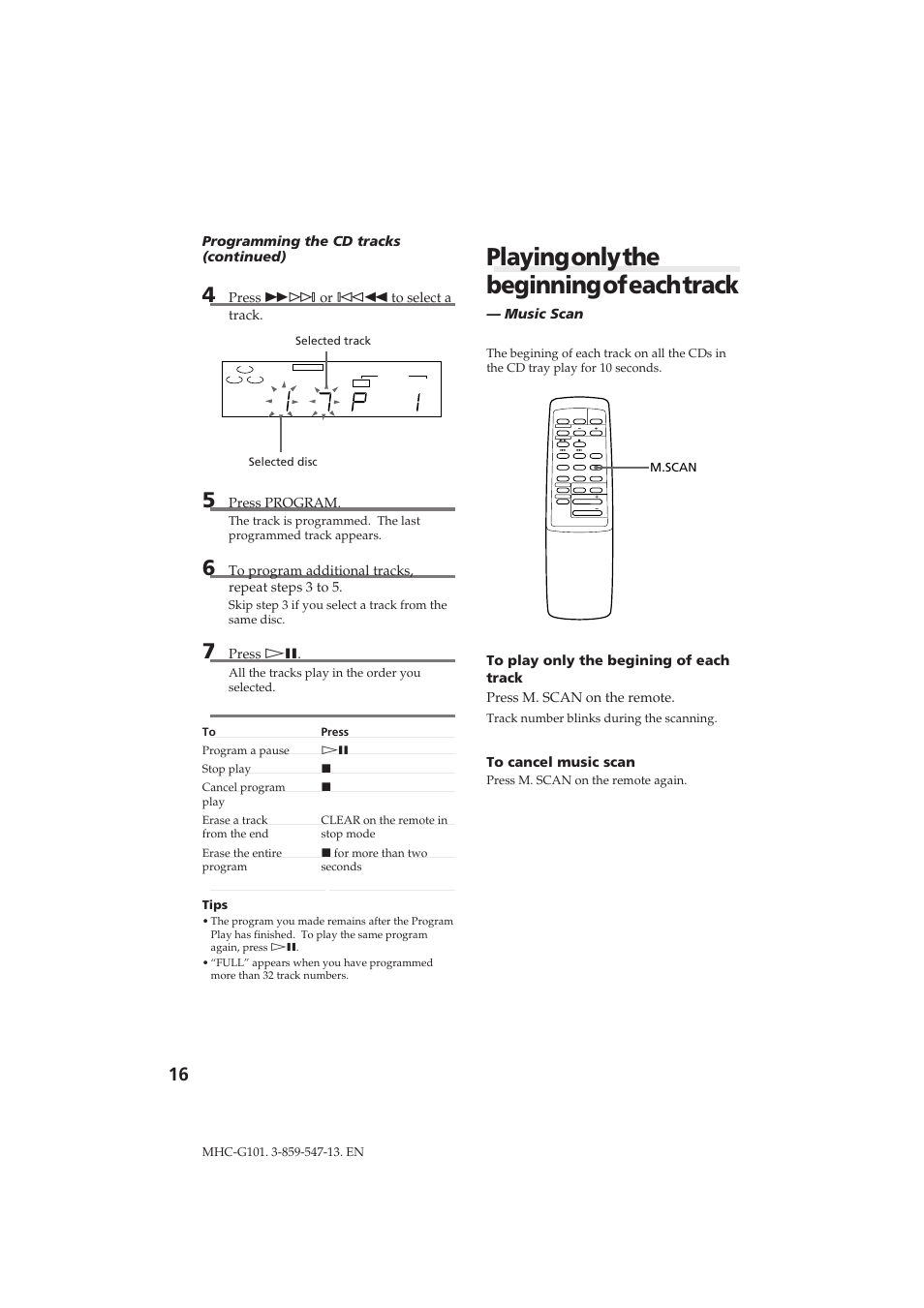 Playing only the beginning of each track | Sony MHC-G101 User Manual | Page 16 / 26