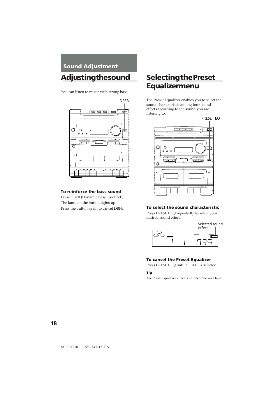 Adjusting the sound, Selecting the preset equalizer menu, 18 sound adjustment | Sony MHC-G101 User Manual | Page 18 / 26