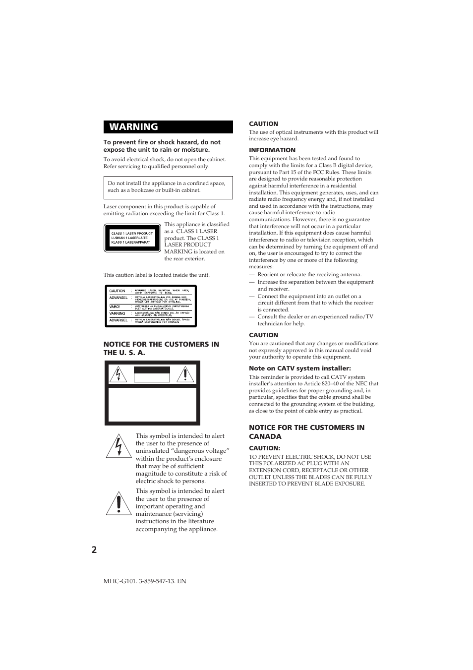 2warning | Sony MHC-G101 User Manual | Page 2 / 26