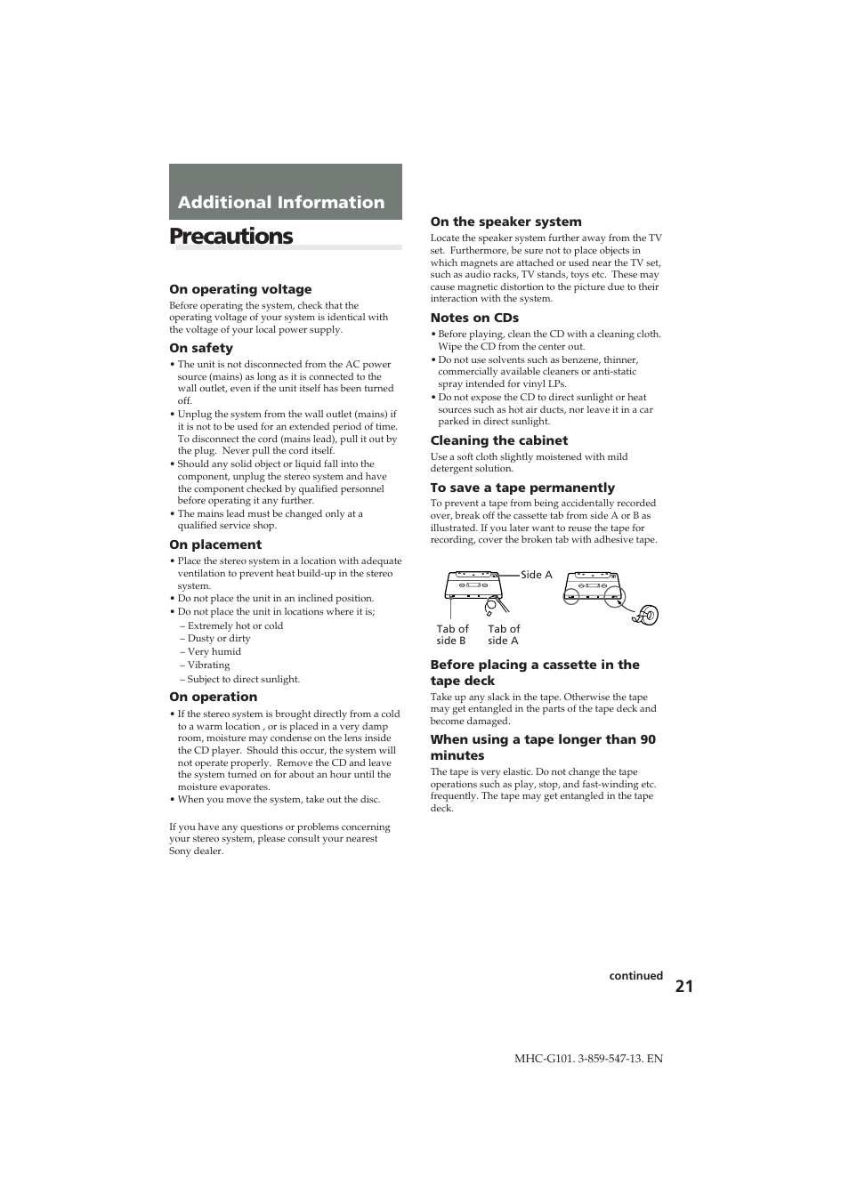 Precautions, Additional information | Sony MHC-G101 User Manual | Page 21 / 26