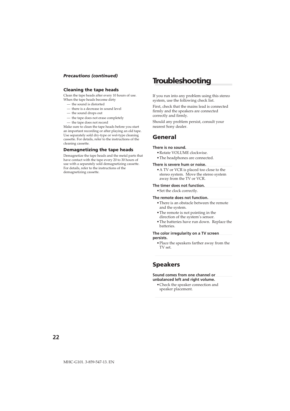 Troubleshooting, General, Speakers | Sony MHC-G101 User Manual | Page 22 / 26