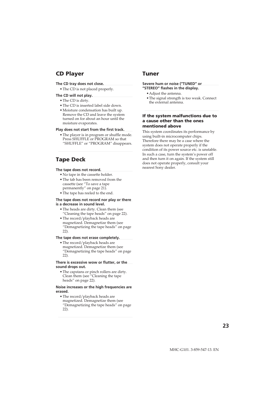 Cd player, Tape deck, Tuner | Sony MHC-G101 User Manual | Page 23 / 26