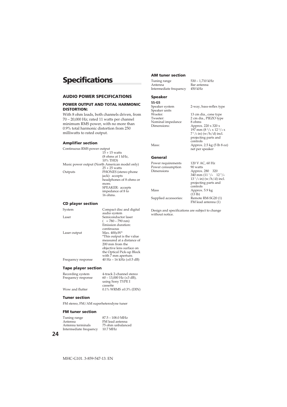 Specifications | Sony MHC-G101 User Manual | Page 24 / 26