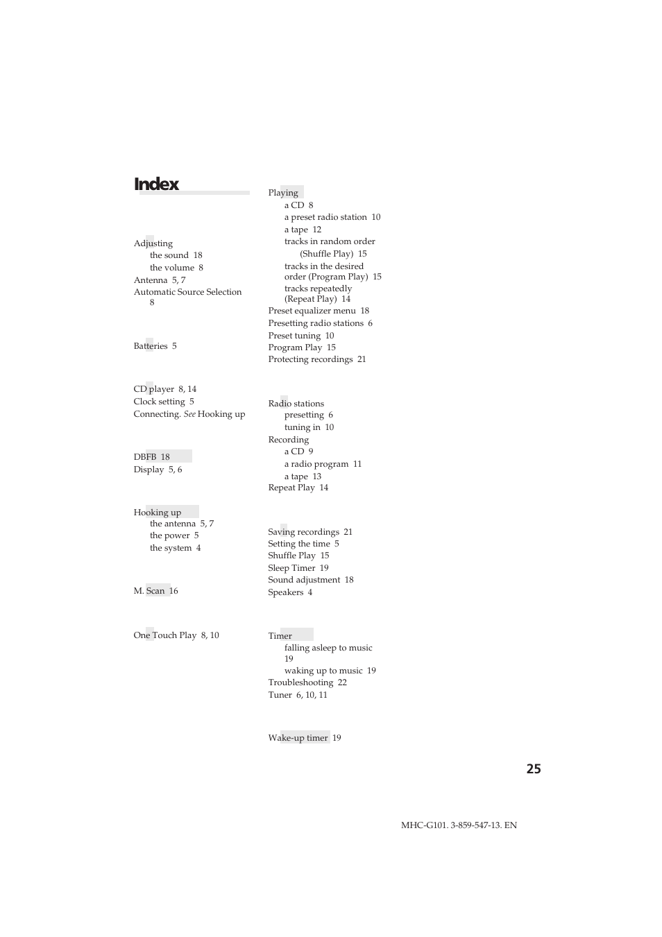 Index | Sony MHC-G101 User Manual | Page 25 / 26