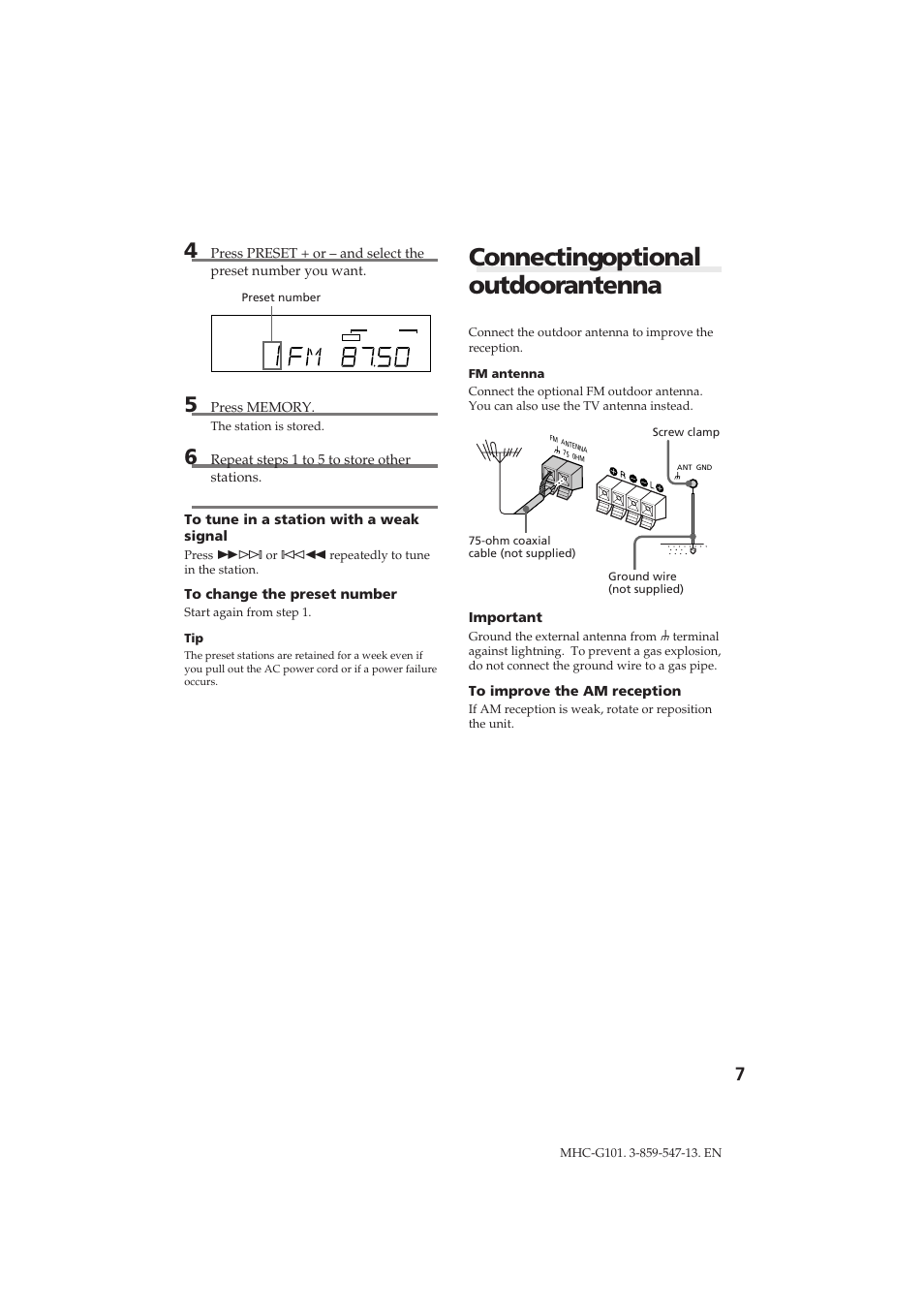 Connecting optional outdoor antenna | Sony MHC-G101 User Manual | Page 7 / 26