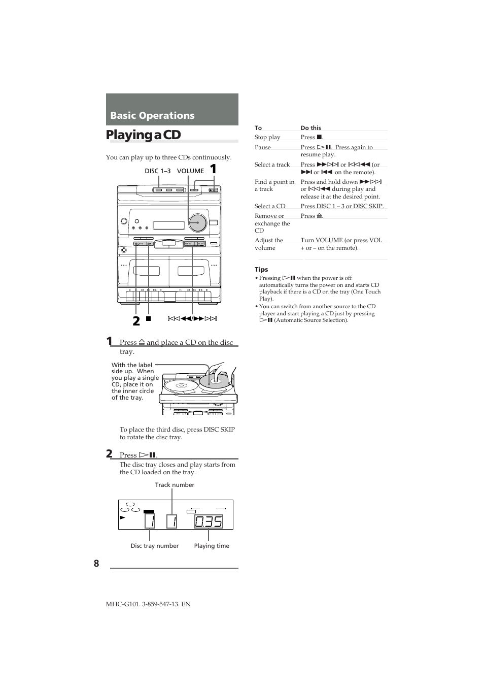 Playing a cd, 8basic operations | Sony MHC-G101 User Manual | Page 8 / 26