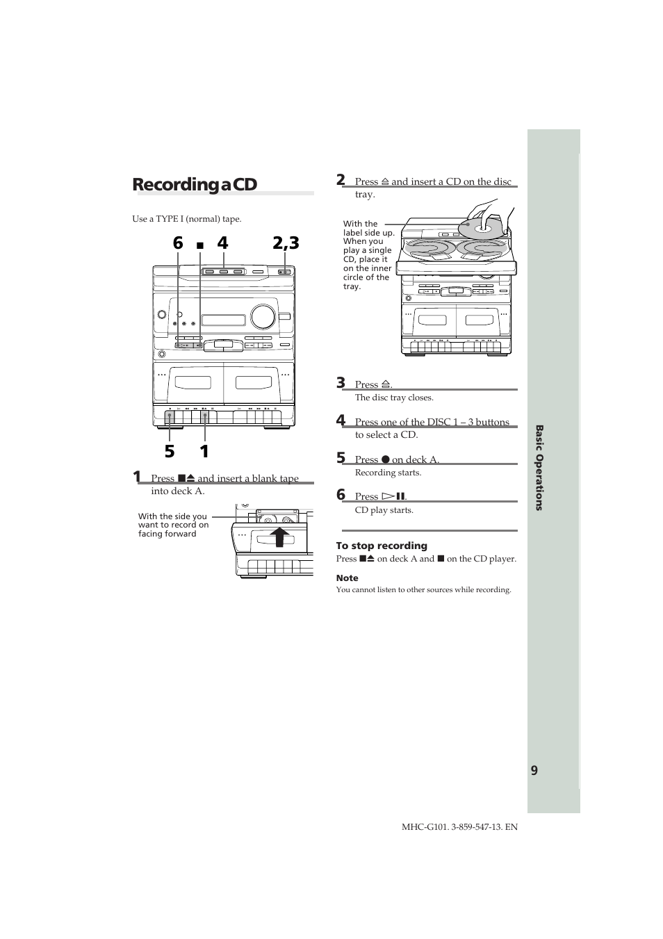 Recording a cd | Sony MHC-G101 User Manual | Page 9 / 26