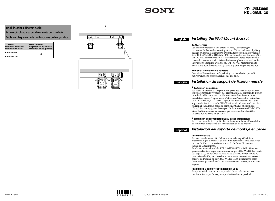 Sony KDL-26M3000 User Manual | 2 pages