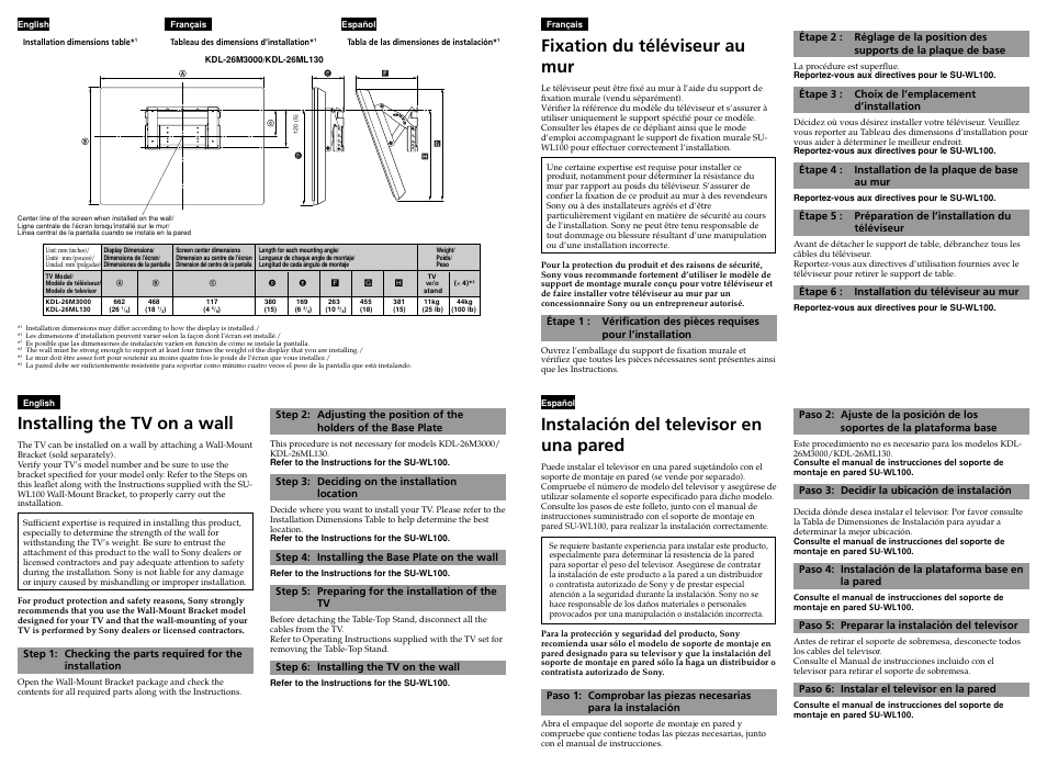 Instalación del televisor en una pared, Fixation du téléviseur au mur, Installing the tv on a wall | Sony KDL-26M3000 User Manual | Page 2 / 2