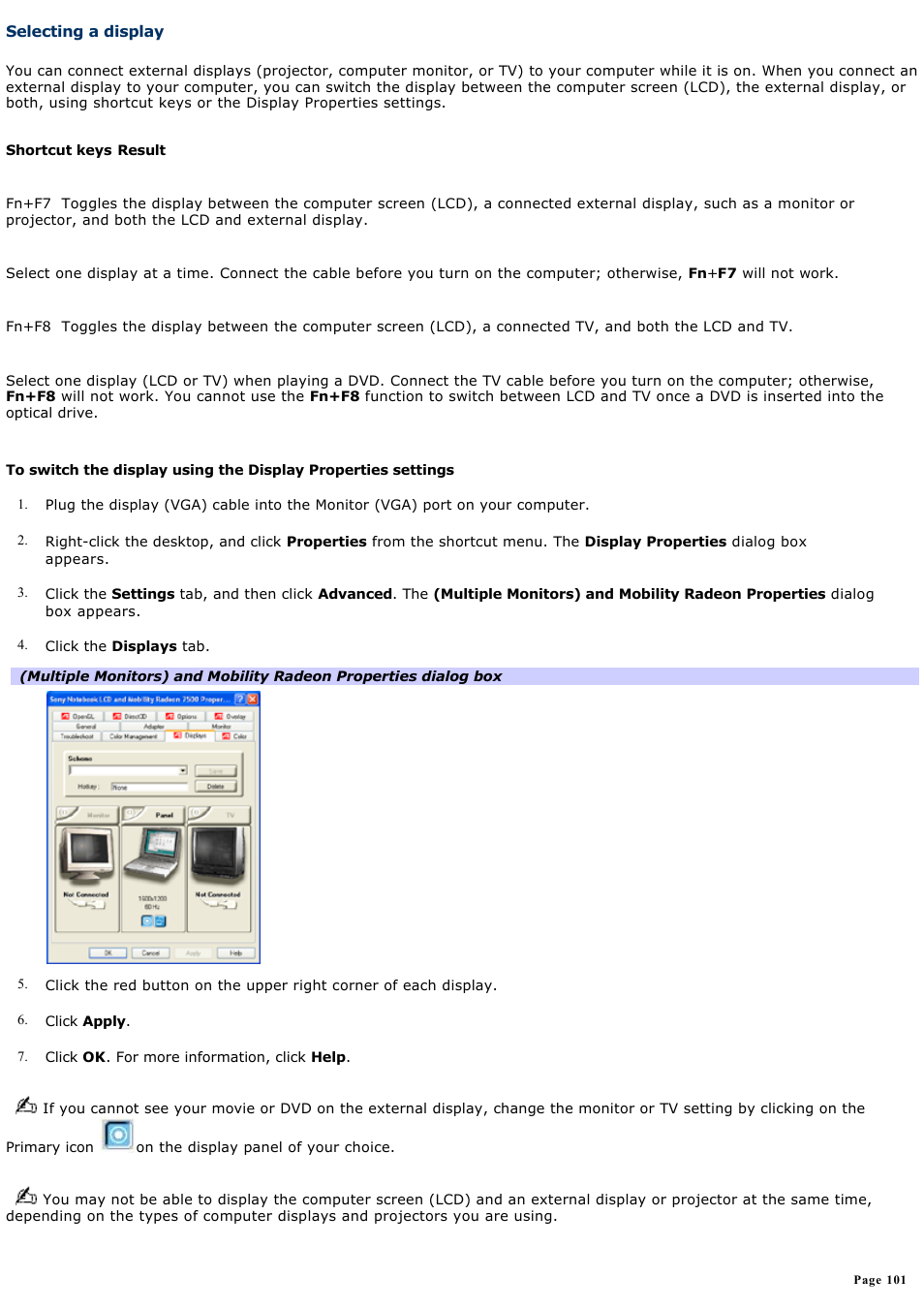 Selecting a display, Selecting a, Display | For more, For more information | Sony PCG-GRS700K User Manual | Page 101 / 150