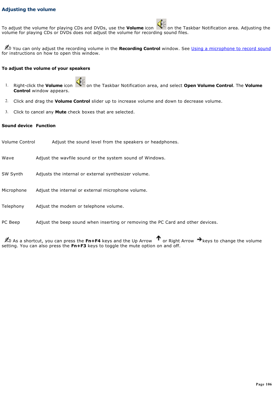 Adjusting the volume | Sony PCG-GRS700K User Manual | Page 106 / 150