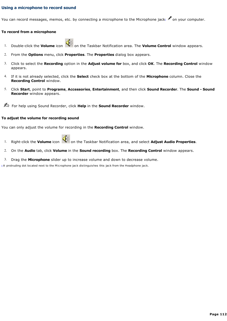 Using a microphone to record sound | Sony PCG-GRS700K User Manual | Page 112 / 150