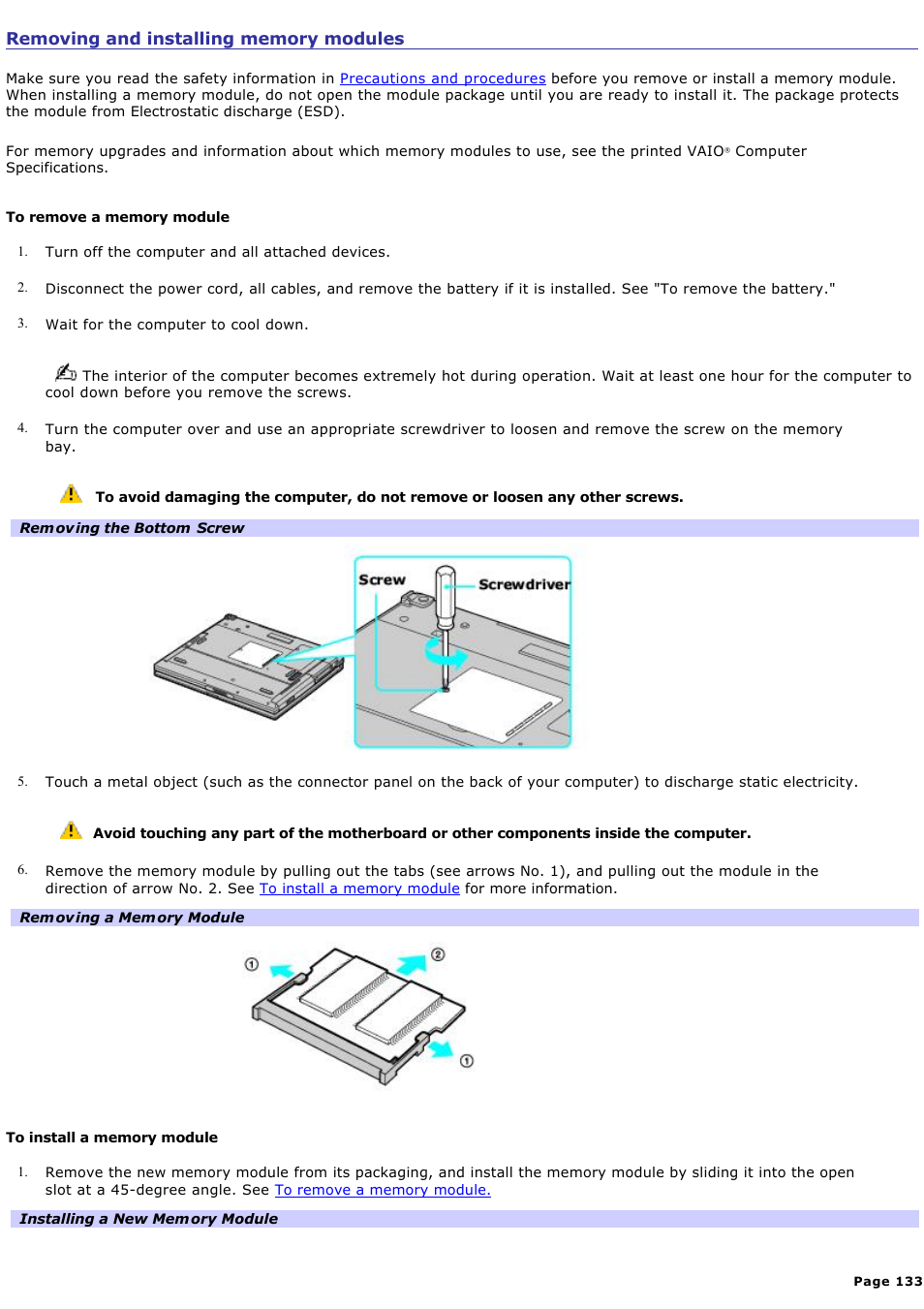 Removing and installing memory modules | Sony PCG-GRS700K User Manual | Page 133 / 150