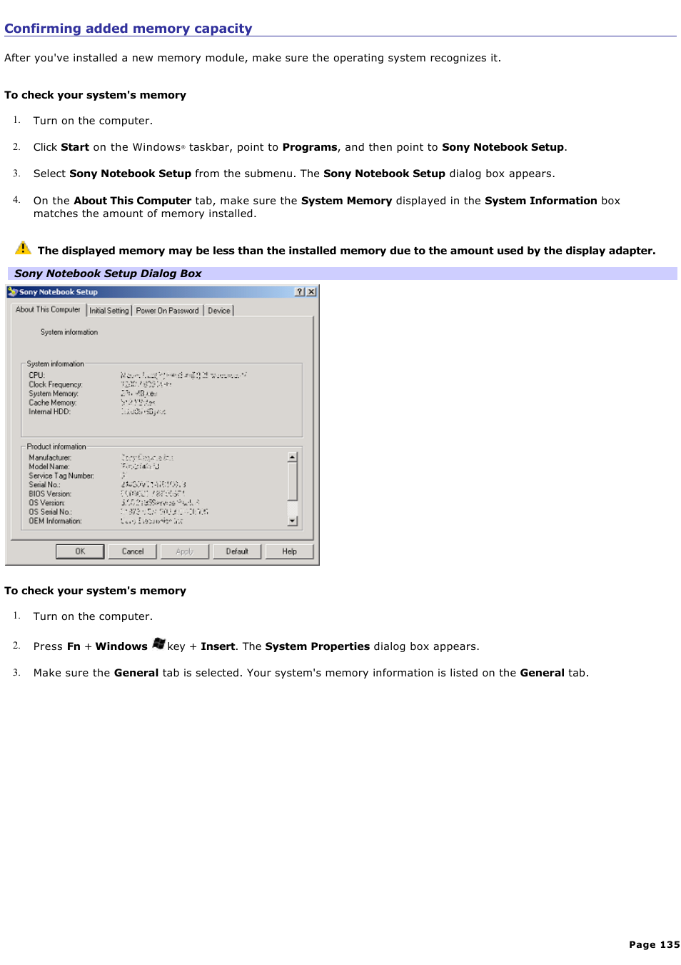 Confirming added memory capacity | Sony PCG-GRS700K User Manual | Page 135 / 150