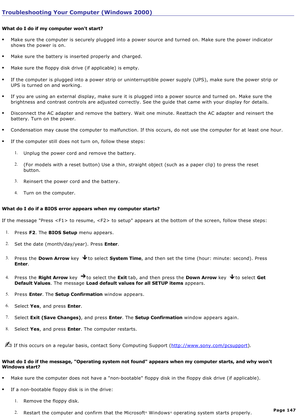 Troubleshooting your computer (windows 2000) | Sony PCG-GRS700K User Manual | Page 147 / 150