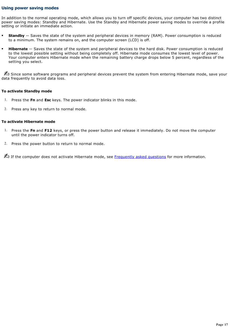 Using power saving modes | Sony PCG-GRS700K User Manual | Page 17 / 150