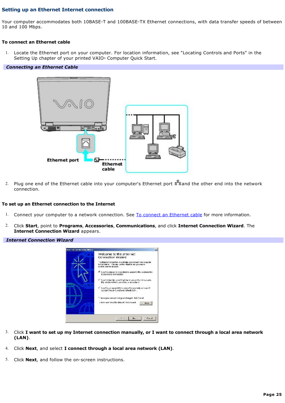 Setting up an ethernet internet connection | Sony PCG-GRS700K User Manual | Page 25 / 150