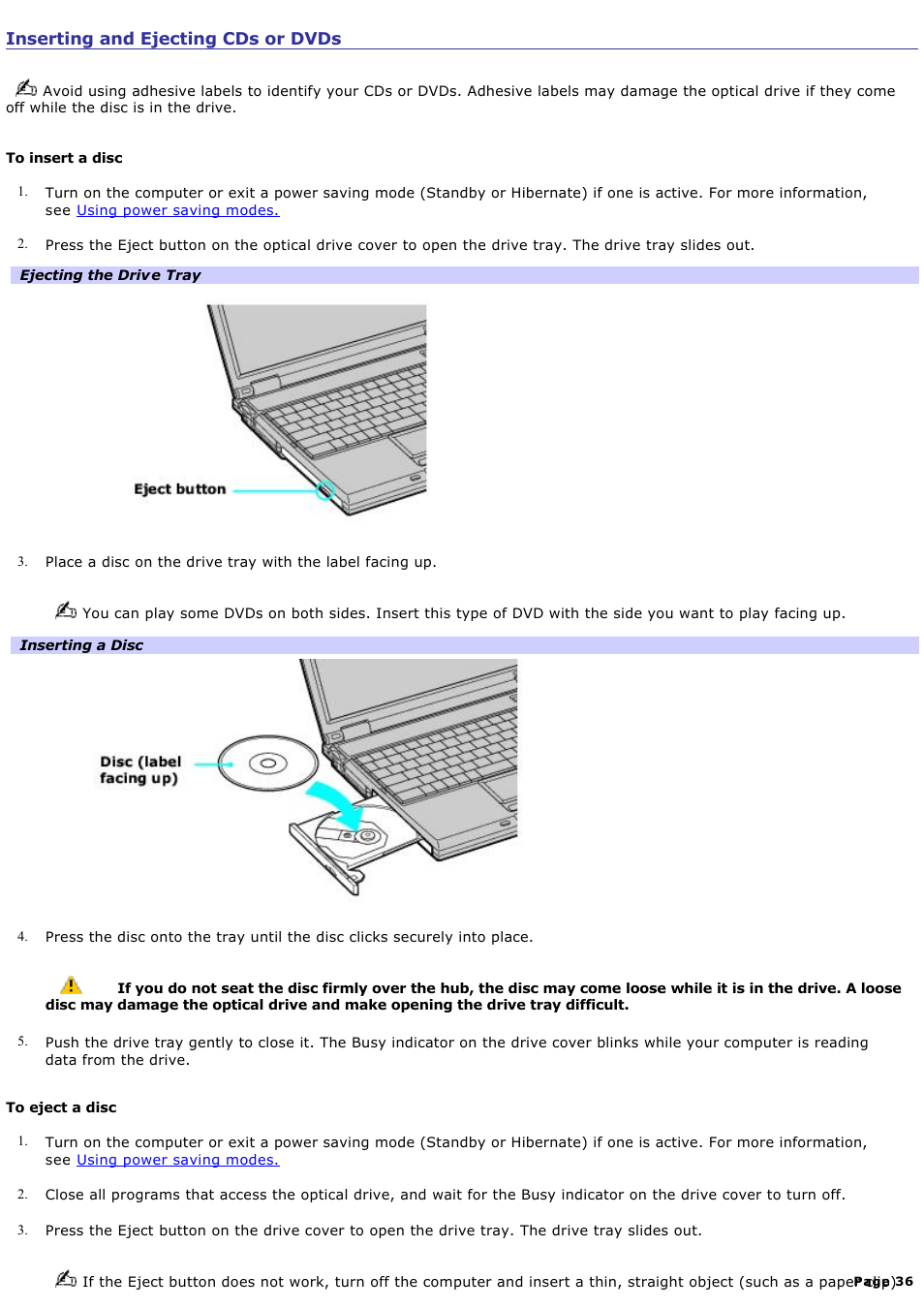 Inserting and ejecting cds or dvds | Sony PCG-GRS700K User Manual | Page 36 / 150