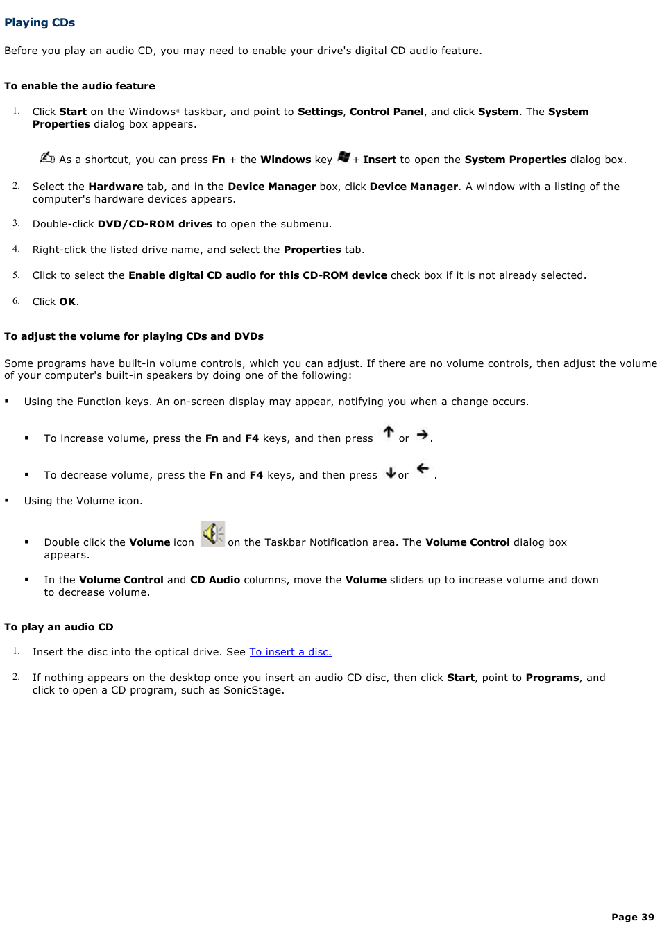 Playing cds | Sony PCG-GRS700K User Manual | Page 39 / 150