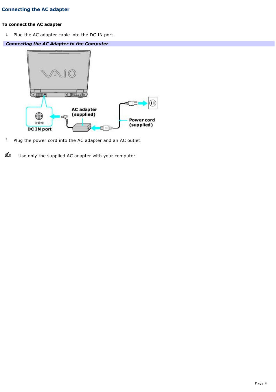 Connecting the ac adapter | Sony PCG-GRS700K User Manual | Page 4 / 150