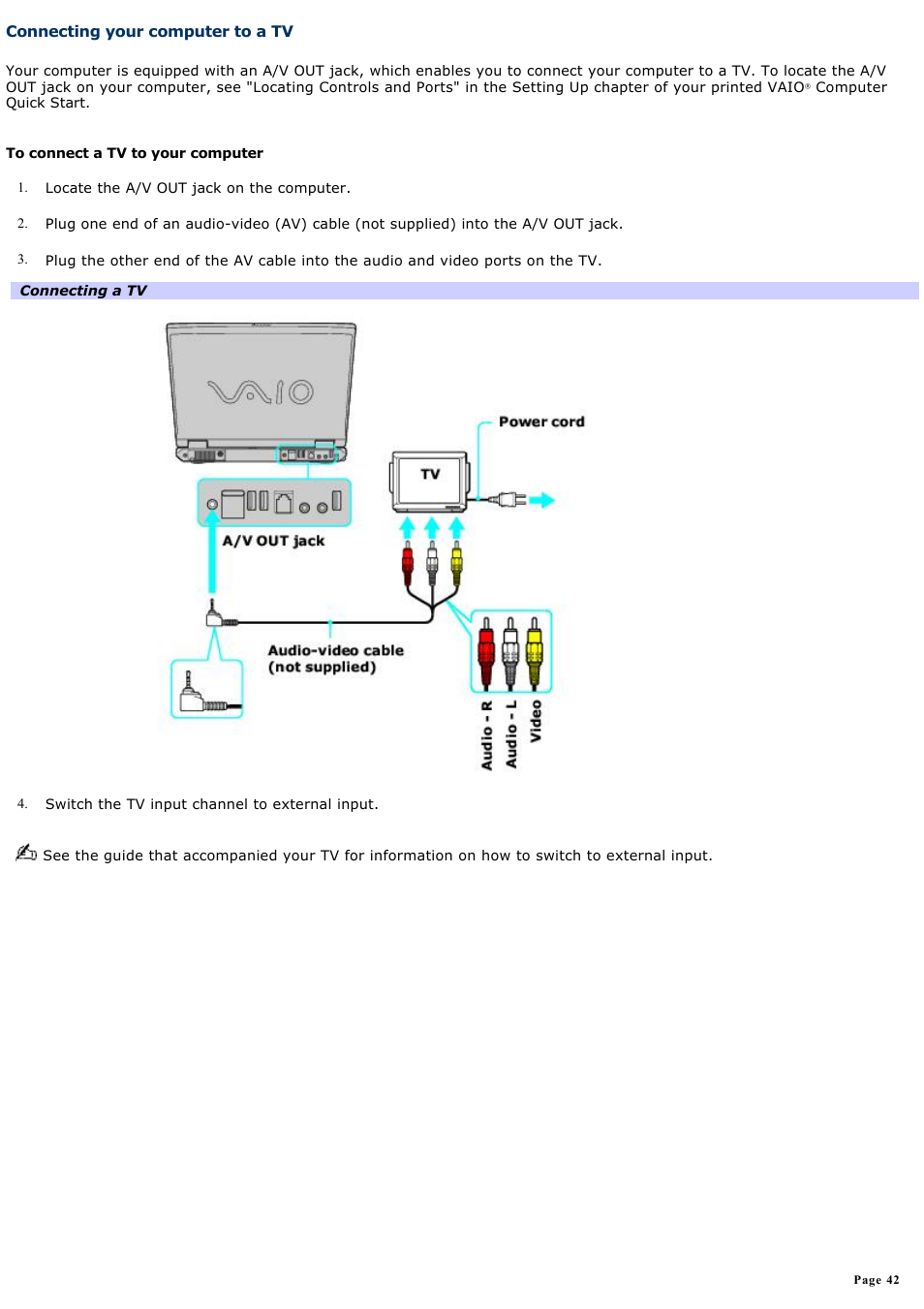 Connecting your computer to a tv | Sony PCG-GRS700K User Manual | Page 42 / 150