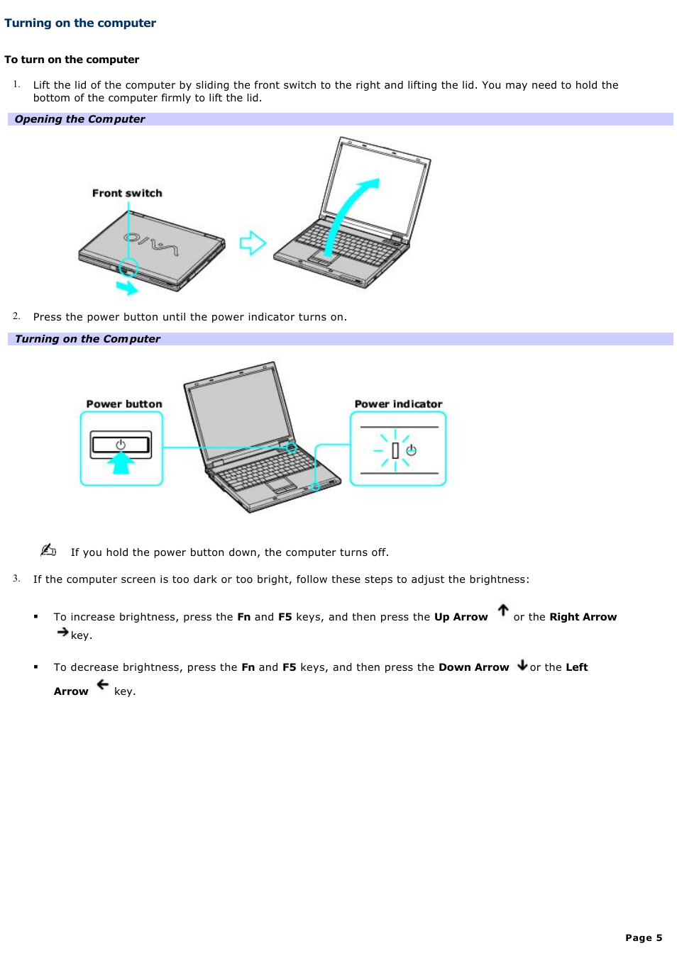 Turning on the computer | Sony PCG-GRS700K User Manual | Page 5 / 150