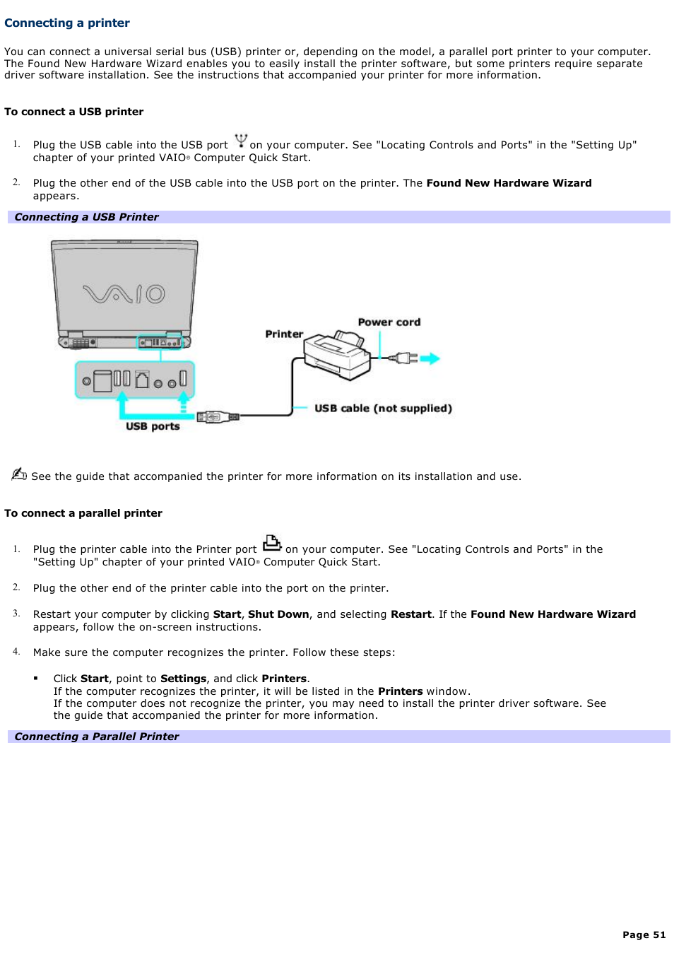 Connecting a printer | Sony PCG-GRS700K User Manual | Page 51 / 150